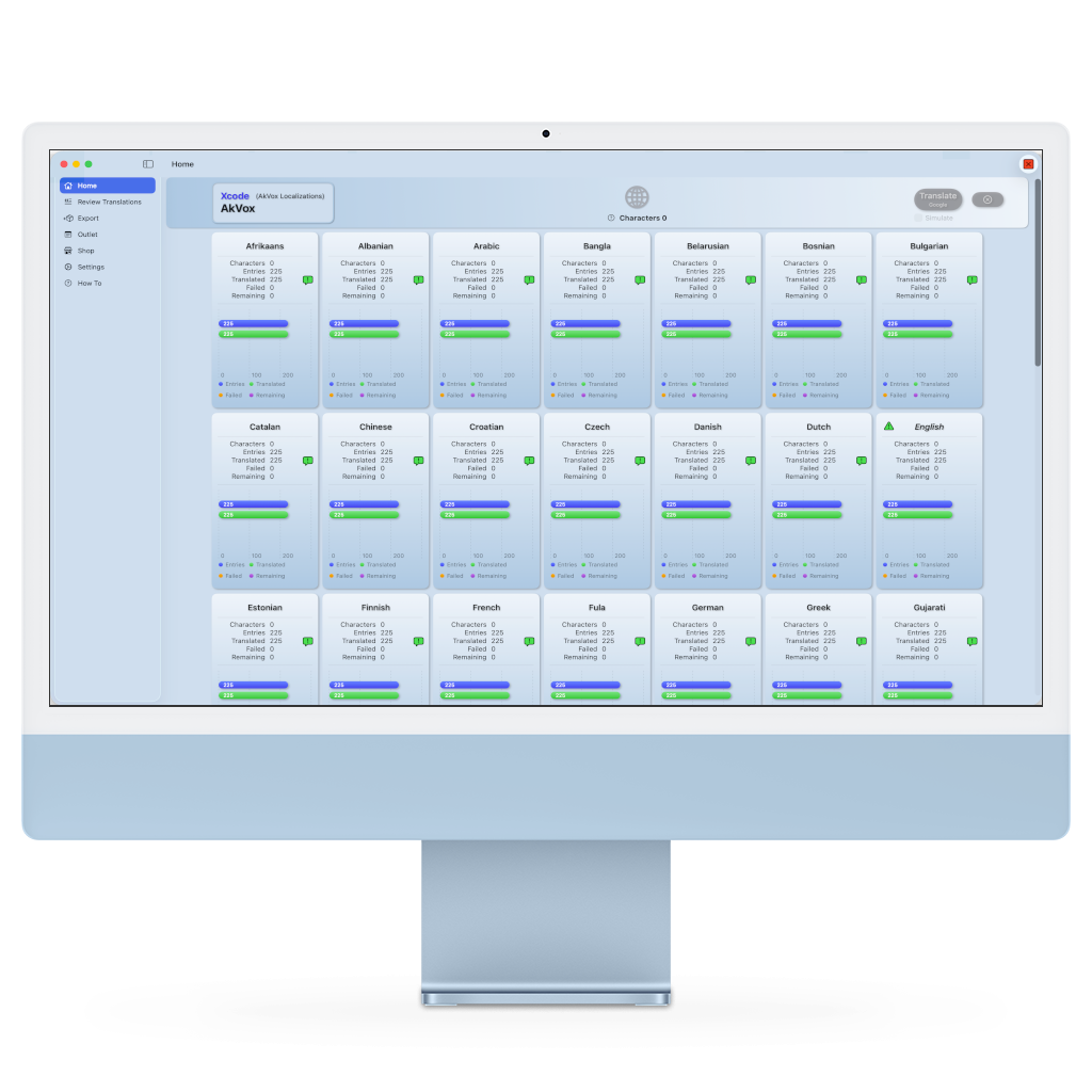 AkVox screen displaying all languages in you app / project